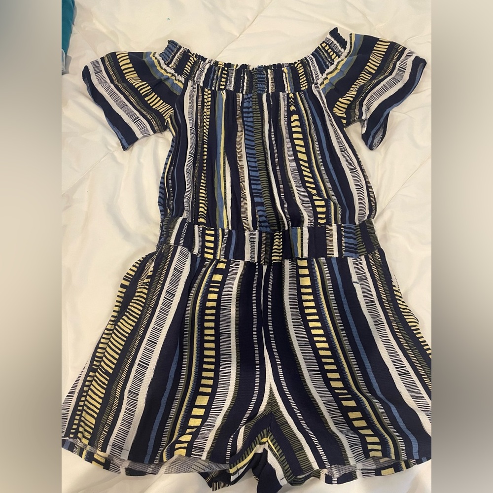 Navy and yellow stripe romper, off shoulder! Small.